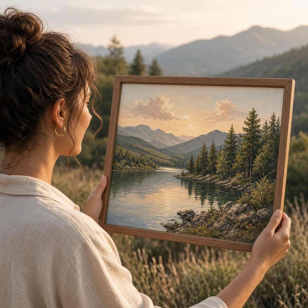 Customer holding a landscape painting by Max
